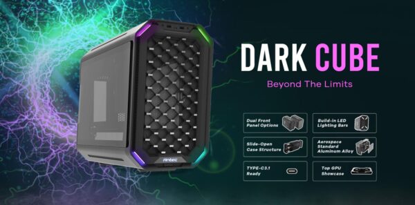 Antec Dark Cube M-ATX, Dual Front Panel, Slide Open Structure, USB-C, LED Light Bars, Aluminum Alloy, 14CM ARGB x 2, 12CM x 1 installed  Gaming Case