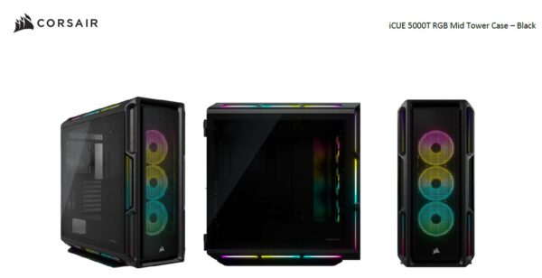 Corsair iCUE 5000T RGB ATX Mid-Tower Case, USB Type-C, 160 RGB LED, Rapid Route, Maximum Cooling, Tool Free Hinged Side Panels, Black