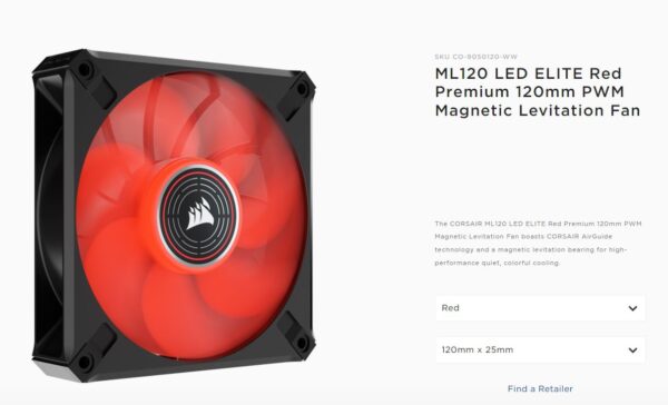 Corsair ML ELITE Series, ML120 LED ELITE, 120mm Magnetic Levitation Red LED Fan with AirGuide, Single Pack (LS)