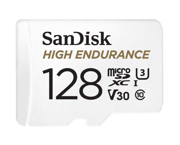 SanDisk High Endurance 128GB microSD 100MB/s 40MB/s 10K hrs 4K UHD C10 U3 V30 -40Â°C to 85Â°C Heat Freeze Shock Temperature Water X-ray Proof SD Adapter