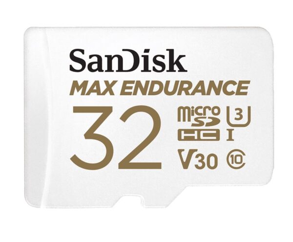 SanDisk Max Endurance 32GB microSD 100MB/s 40MB/s 20K hrs 4K UHD C10 U3 V30 -40Â°C to 85Â°C Heat Freeze Shock Temperature Water X-ray Proof SD Adapter