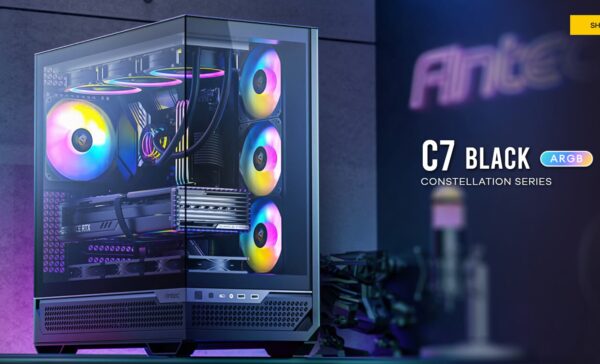 Antec C7-ARGB ATX,E-ATX Seamless Panoramic 270 View, USB-C, 4x ARGB PWM Fans. Side Radiator Support. RTX 4090, Back Connect MBs, Flip Door, Black Case