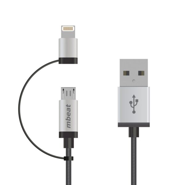 (LS) mbeatÂ® 1m Lightning and Micro USB Data Cable - 2-in-1/Aluminmum Shell Crush-Proof/Nylon Braided/Silver/ Apple/Andriod Tablet Mobile Device