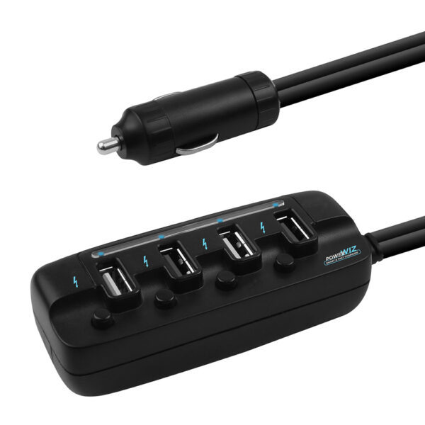 mbeatÂ® 4 Ports USB Rapid Car Charger - 40W Rapid Smart Charger/Individual ON/OFF switches/90cm Extension Cable Design