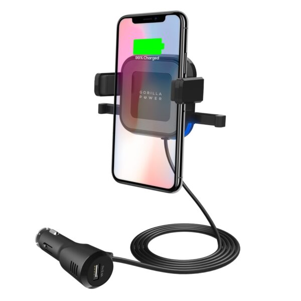 mbeatÂ® Gorilla Power 10W Wireless Car Charger with 2.4A USB Charging, Air Vent Clip & Windshield Stand