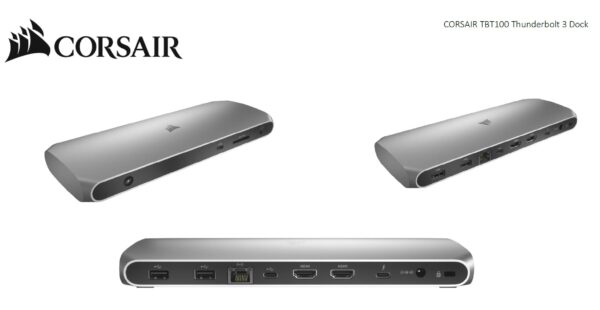 Corsair TBT100 Thunderbolt 3 , 2x USB-C 3.2, 2x 4K @ 60Hz HDMI, GB Ethernet, SDXC Card, Slim Aluminum. 100w Adaptor, 85w PD,  MS & MAC Docking Station