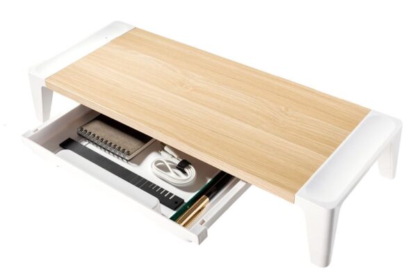 mbeatÂ® activiva Eroglife Monitor Stand Riser with Storage Drawer -  Ergonomic Design, Reduces Eye Strain and Improves Work Posture, White Oak