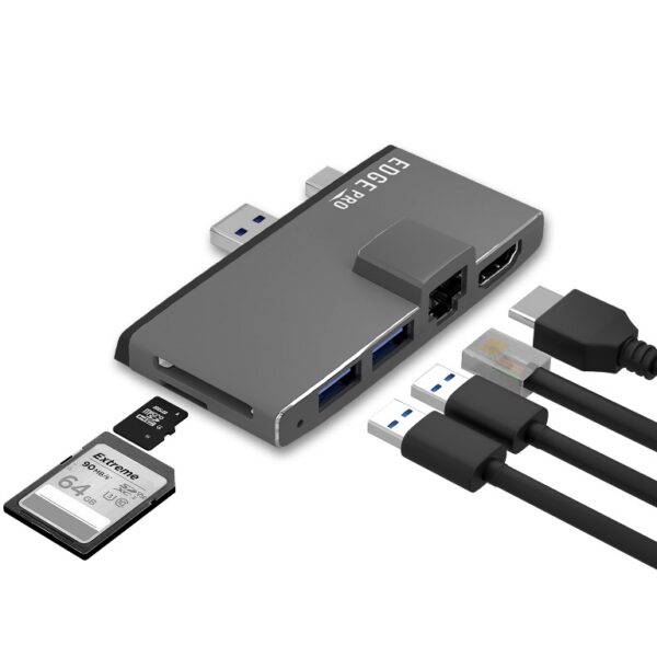 mbeatÂ®  Edge Pro Multifunction USB- C Hub for Microsoft Surface Pro 5/6  Metal Grey (HDMI, LAN, USB 3.0 Hub, Card Reader)