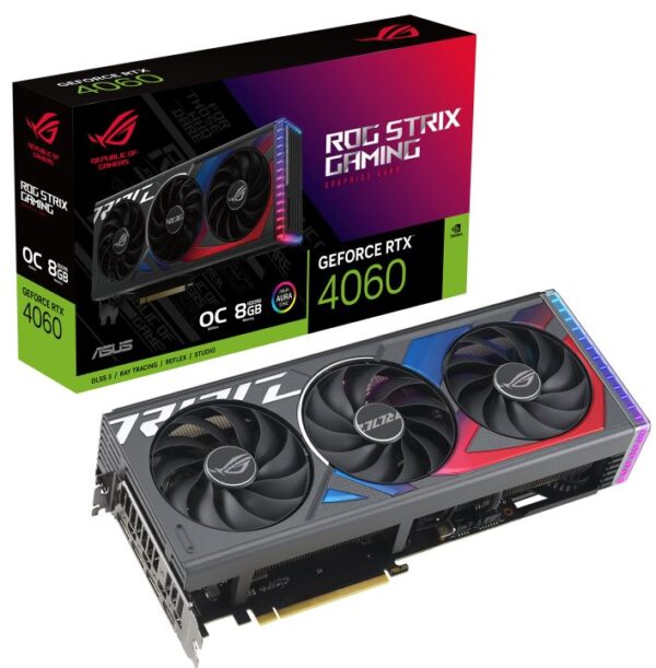 ASUS nVidia GeForce ROG-STRIX-RTX4060-O8G-GAMING RTX4060 OC Edition 8GB GDDR6, 2670 MHz Boost Clock, RAM 17Gbps, HDMI x1, DP x3